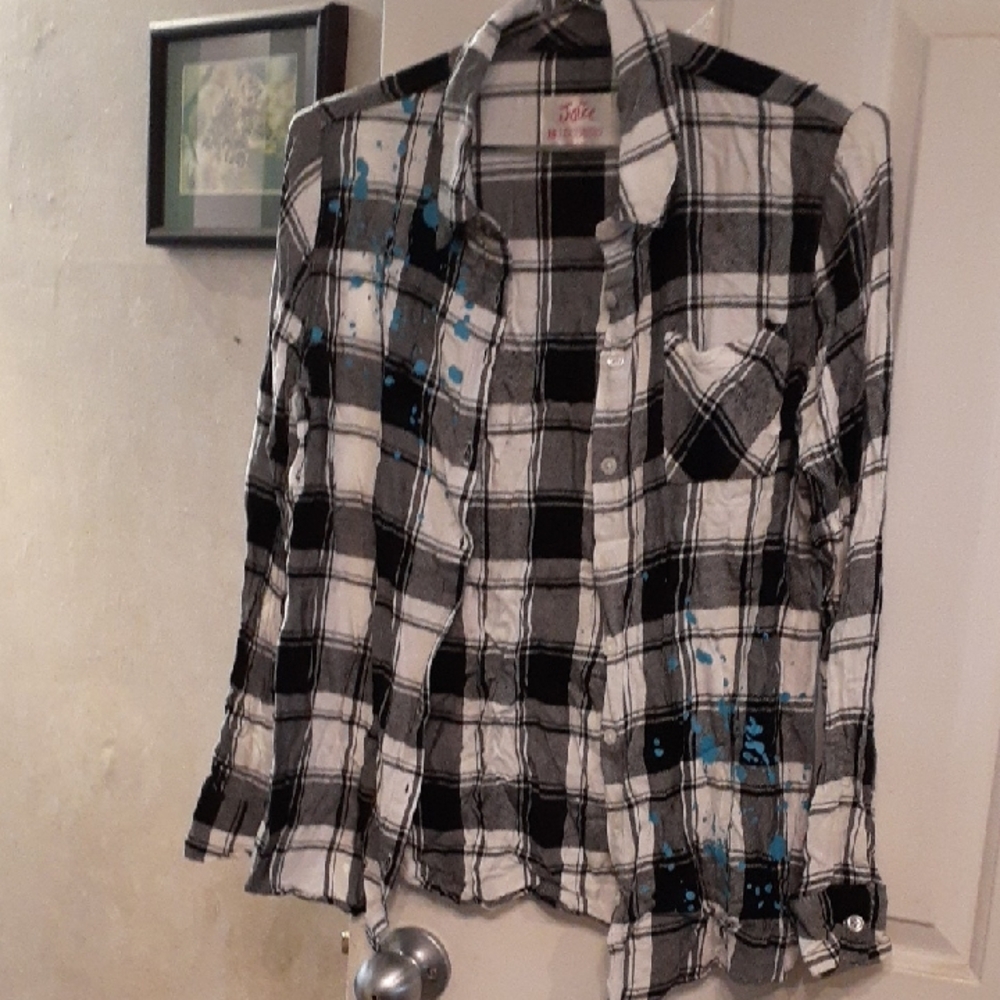 Justice Black and White Plaid Shirt With Turq. Paint Splotch Detail - Sz 18